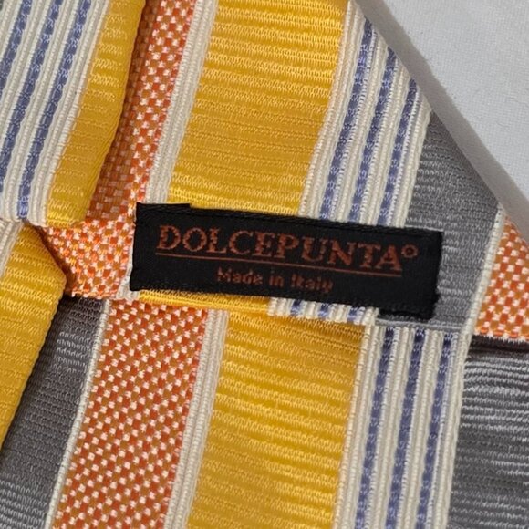 Dolcepunta Made in Italy Silk Necktie - Yellow Orange Gray Stripe - 3 3/4" x 59" - Picture 4 of 5